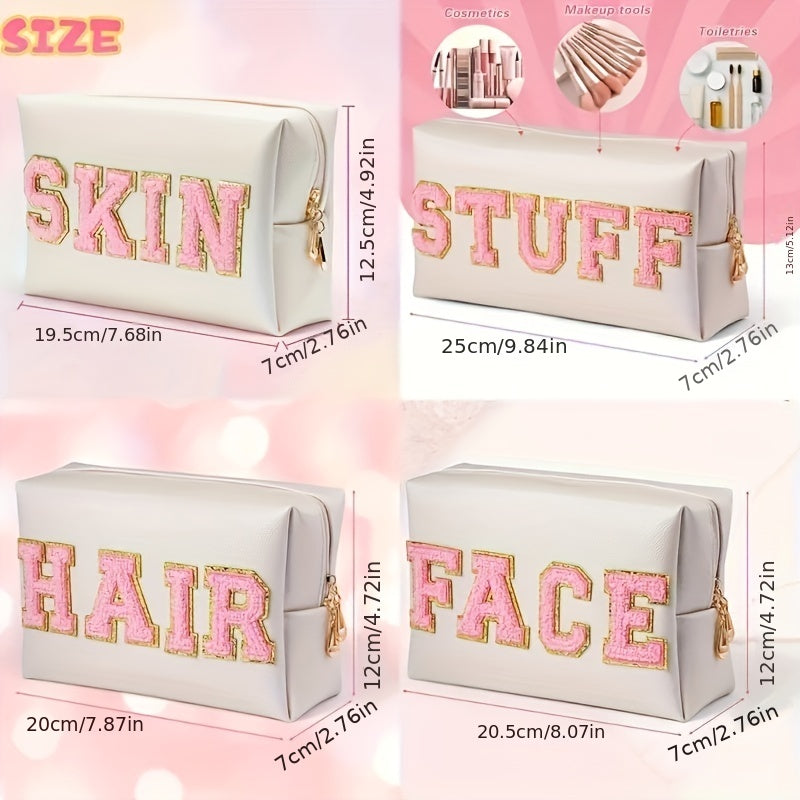 Plush Letter Patched Makeup Pouch Travel Toiletry Bag