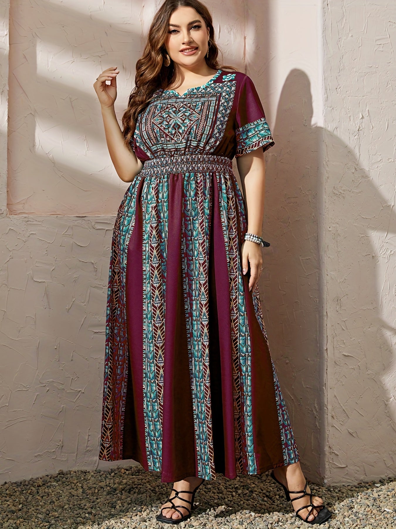  Ethnic Style Kaftan Dress Women's Plus Print Maxi Jalabiya Dress