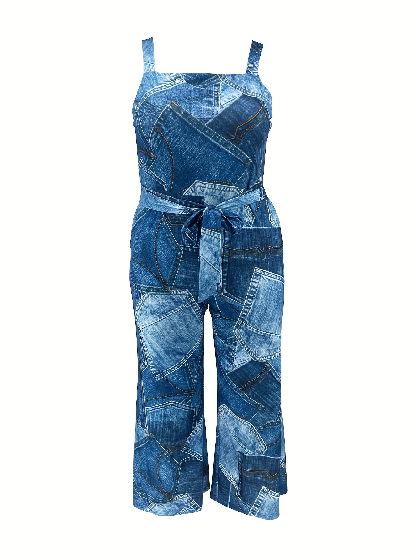  Denim Print Wide Leg Jumpsuit with Belt & Pockets