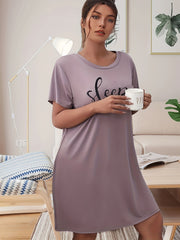  Nightdress Women's Plus Letter & Eyelash Print Short Sleeve