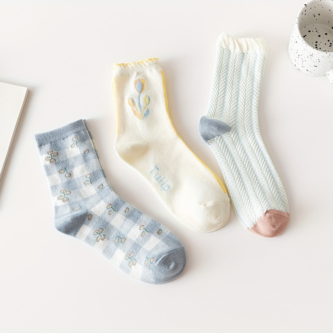 3 Pairs Floral Print Ruffle Socks Mid Tube Women's Stockings