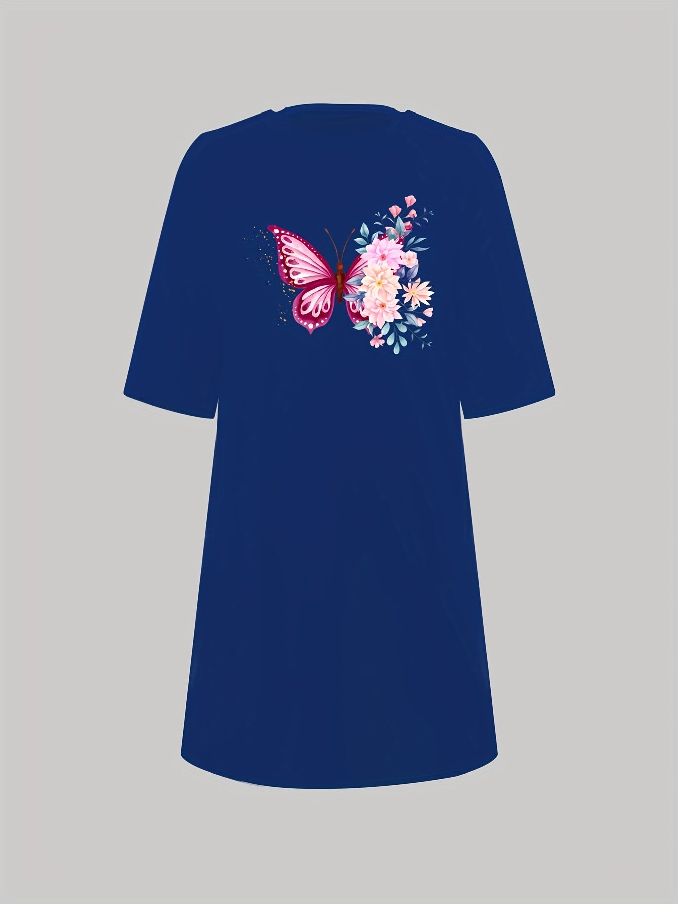  Floral Butterfly Print Sleep Dress Short Sleeve Round Neck Nightdress