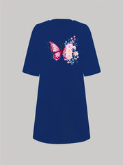  Floral Butterfly Print Sleep Dress Short Sleeve Round Neck Nightdress