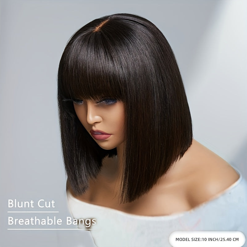 Medium Long Straight Bob Cut Lace Front Wig with Bangs