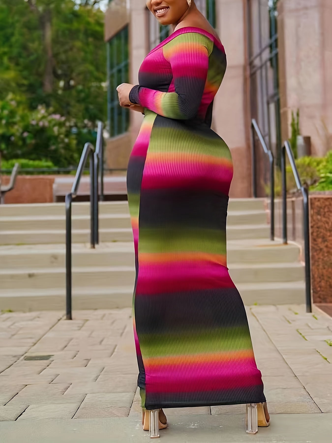  Stripe Print Ribbed V Neck Maxi Dress