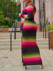  Stripe Print Ribbed V Neck Maxi Dress