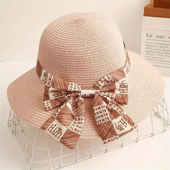 Graffiti Bowknot Sun Hat Wide Brim UV Protection Straw Hat for Women