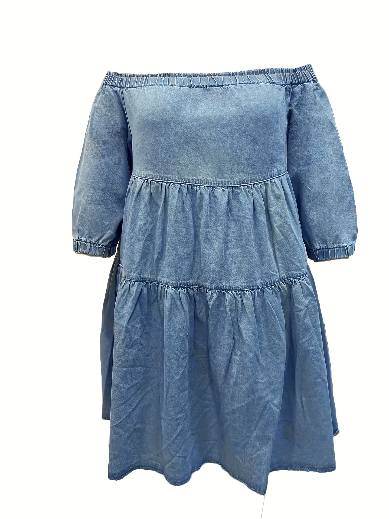  Smock Denim Dress Women Off Shoulder Bubble Sleeve