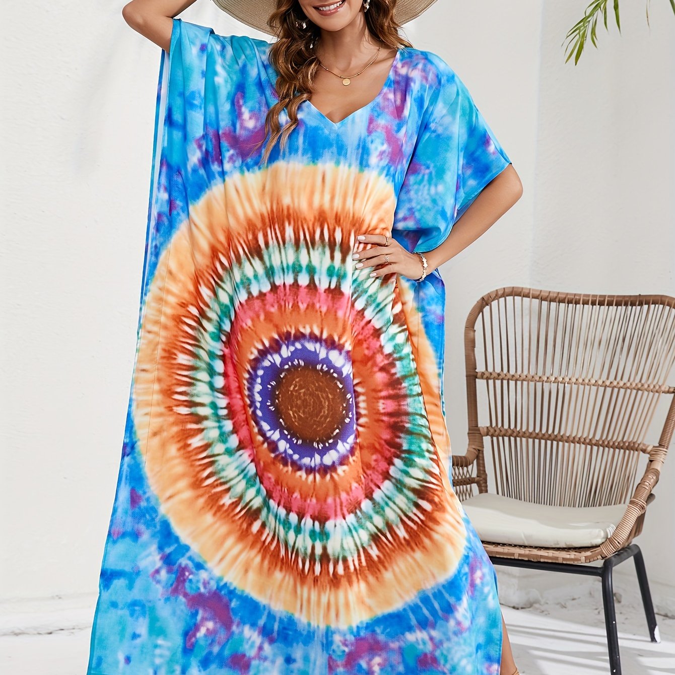  Boho Tie Dye Batwing Sleeve V Neck Maxi Cover Up