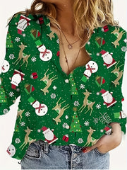  Christmas Casual Blouse Women's Plus Snowman & Elk Print Button Up