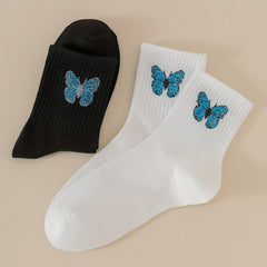 2 Pairs Butterfly Print Ribbed Socks Women's Mid Tube Stockings