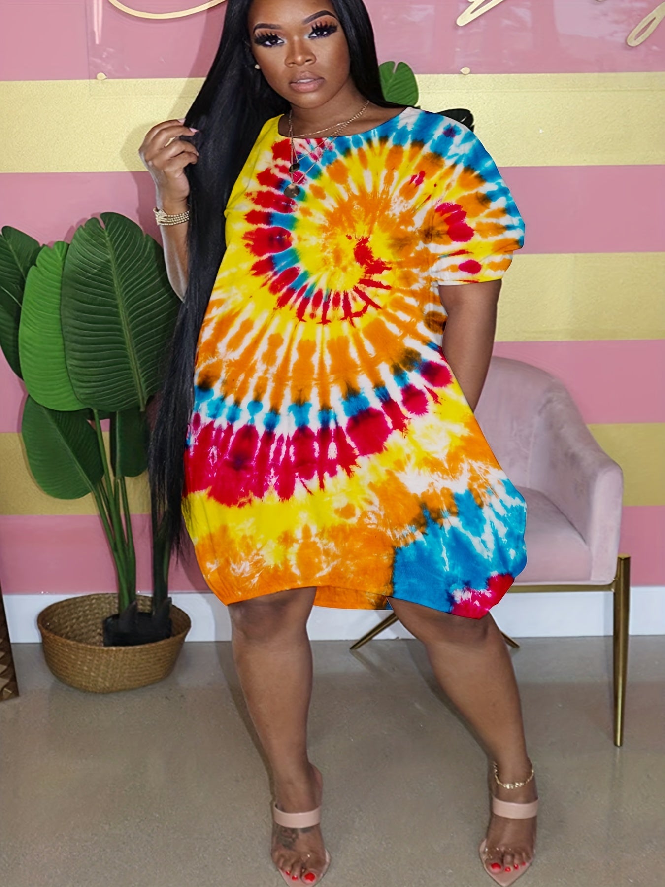  Tie Dye Short Sleeve Dress With Pockets