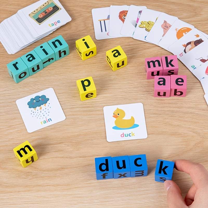 Wooden Spelling Game Building Blocks with Cards for Kids Learning Toy