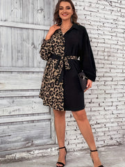  Colorblock Leopard Print Long Sleeve Shirt Dress