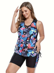  Tropical Print Tankini Set Crisscross Front Tank Top & Shorts