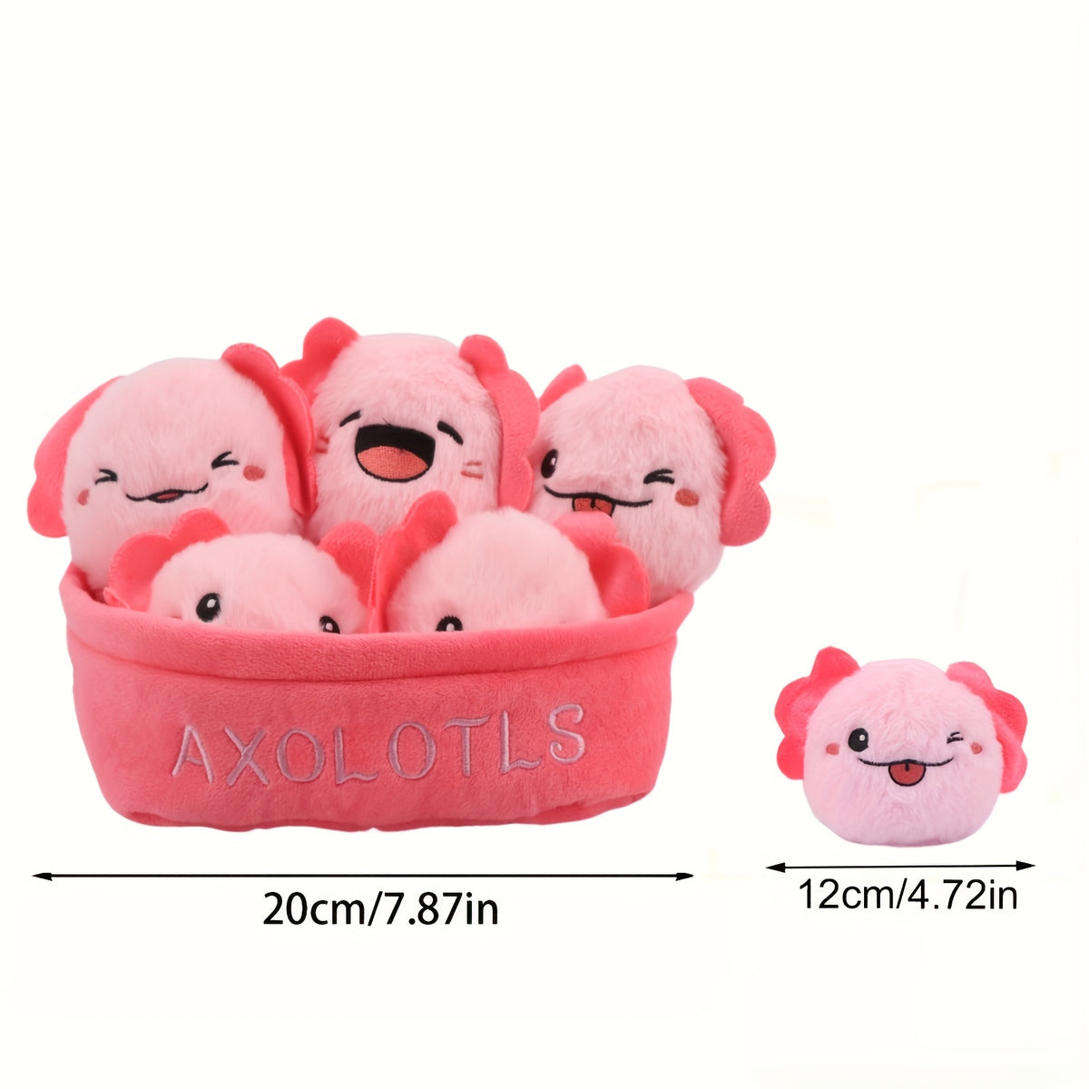 6pcs Whimsical Plush Toy Basket Set Capybara Cat Dinosaur Axolotl & Fruit