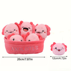 6pcs Whimsical Plush Toy Basket Set Capybara Cat Dinosaur Axolotl & Fruit