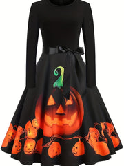  Women's Ghost & Spider Web Print A-Line Dress