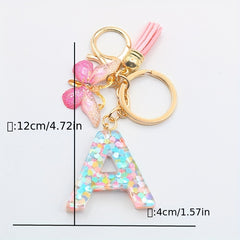 Initial Letter Keychain Butterfly Shape Pendant with Tassel Bag Ornament