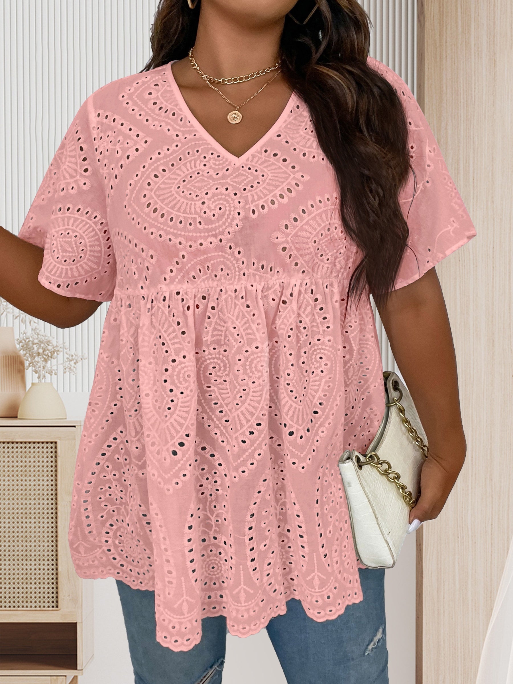  Eyelet Embroidered V Neck Top