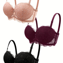 3pcs Lace Push Up Bras Comfy & Breathable Bow Tie