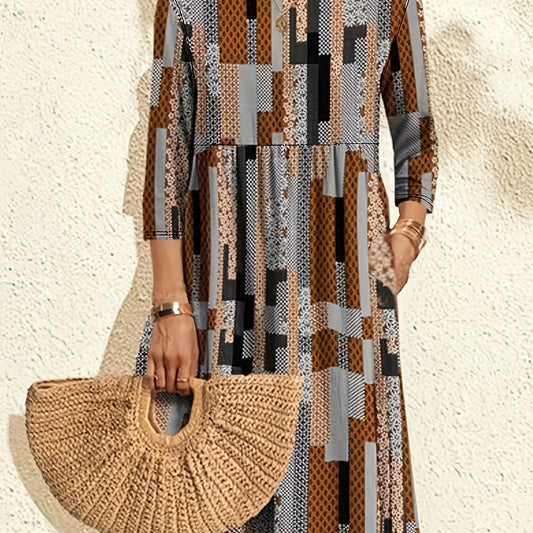  Geometric & Floral Print Half Sleeve Dress