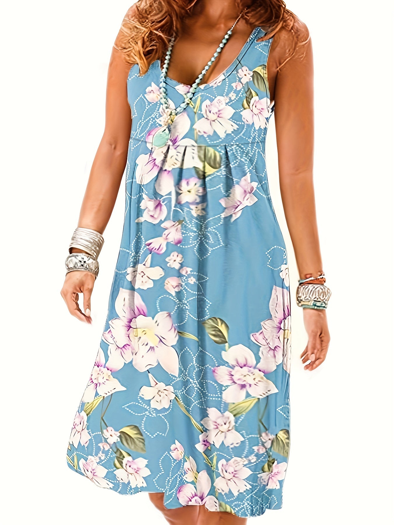  Tile Print V Neck Stretch Maxi Dress