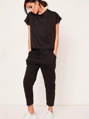 Casual Solid Two Piece Set Short Sleeve Round Neck Tops & Drawstring Cropped Pan