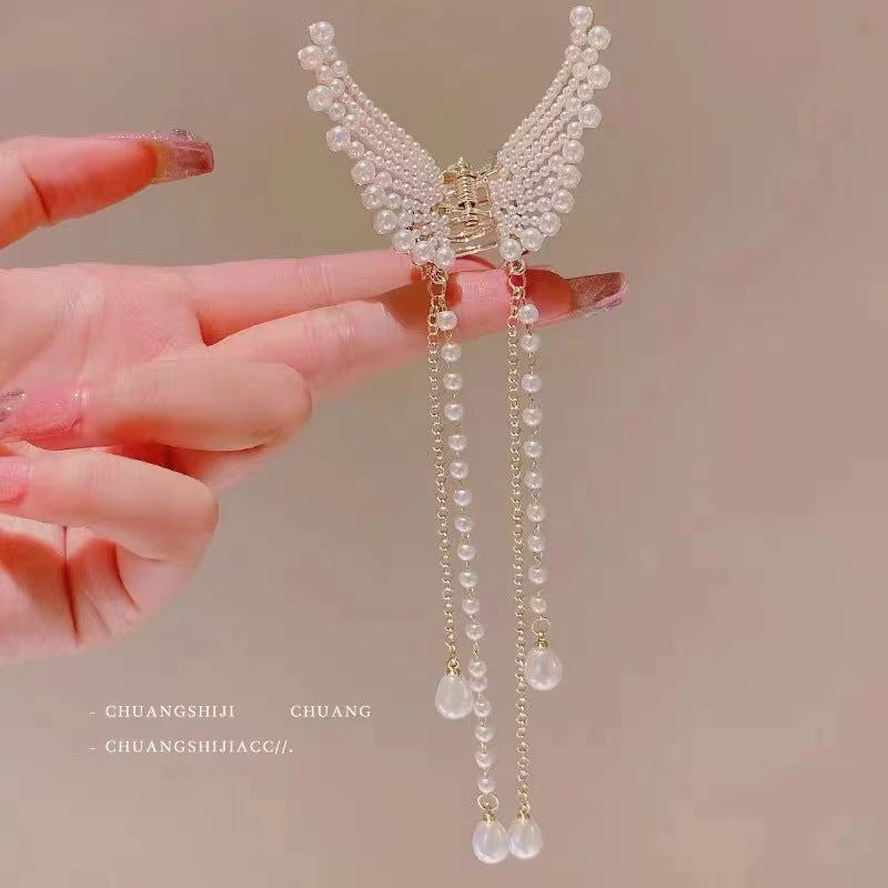 Rhinestone Faux Pearl Tassel Hair Claw Clip