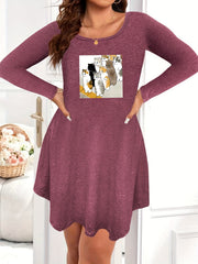  Cat Print Long Sleeve Sleep Dress