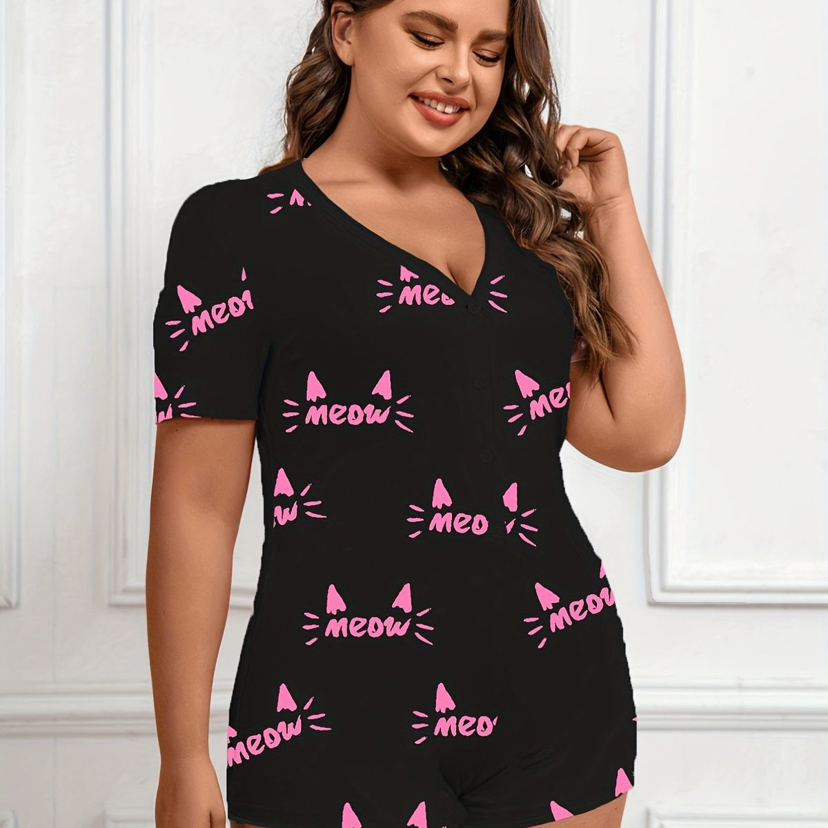  Letter Print Short Sleeve Pajama Romper