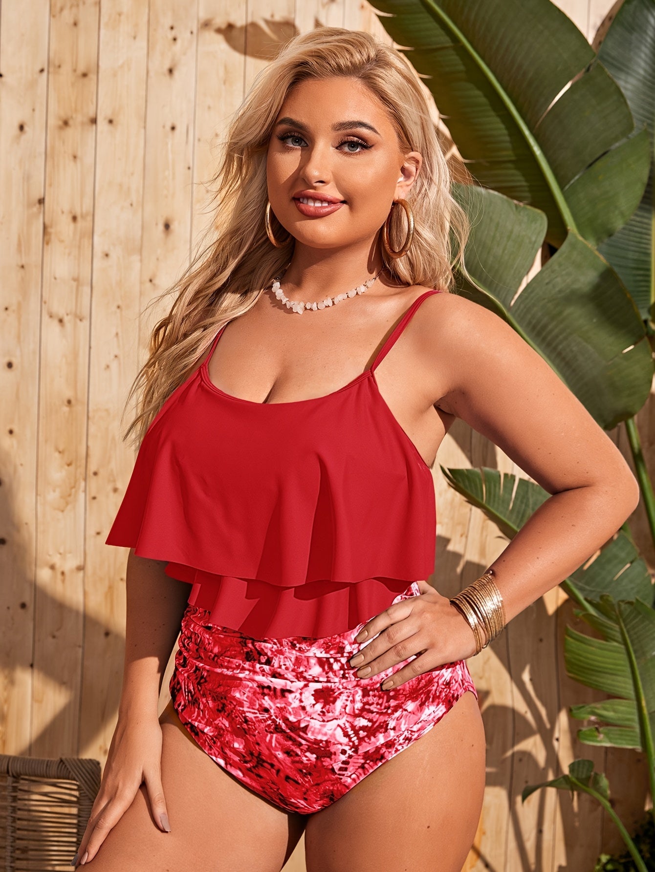  Solid Layered Ruffle Crop Cami Top & Tie Dye Panty Swimsuit Set