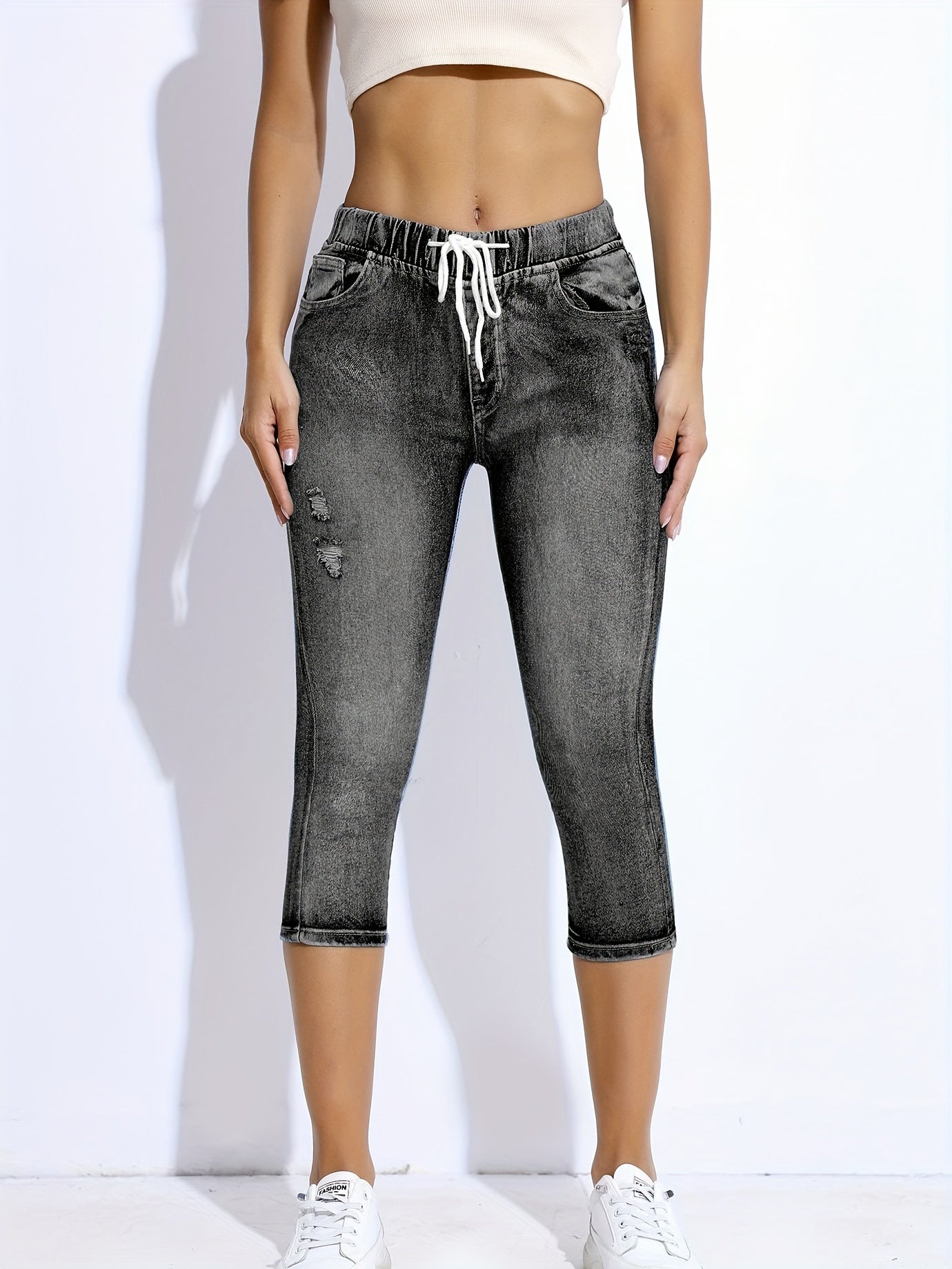 Elastic Waist Skinny Jeans Slim Fit Capris Denim Pants