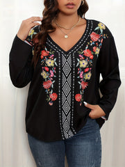  Boho Blouse Women's Plus Floral & Geometric Print V Neck Top