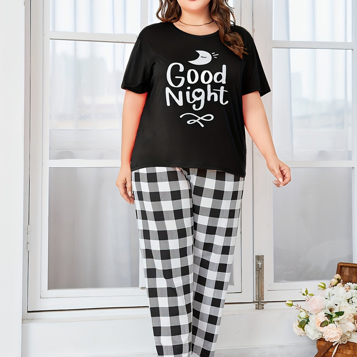  Moon & Slogan Print Short Sleeve Pajama Set