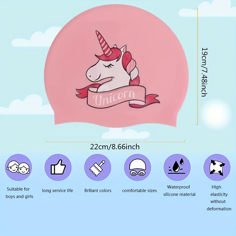 Cartoon Rainbow Horse Swim Cap, Waterproof Silicone, Long Hair Girls & Boys