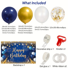 Navy & Gold Balloons Garland + Happy Birthday Banner Backdrop