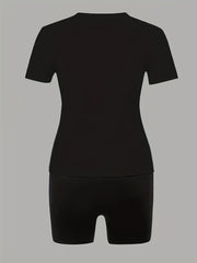  Two Piece Set Women's Plus Letter Print Tee & Shorts Outfit
