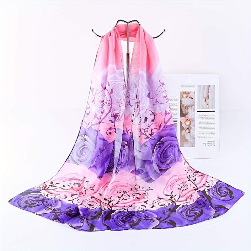 Gradient Flower Print Scarf Chiffon Sunscreen Shawl