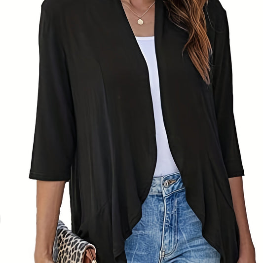  Solid Half Sleeve Open Front Ruffle Trim Cardigan