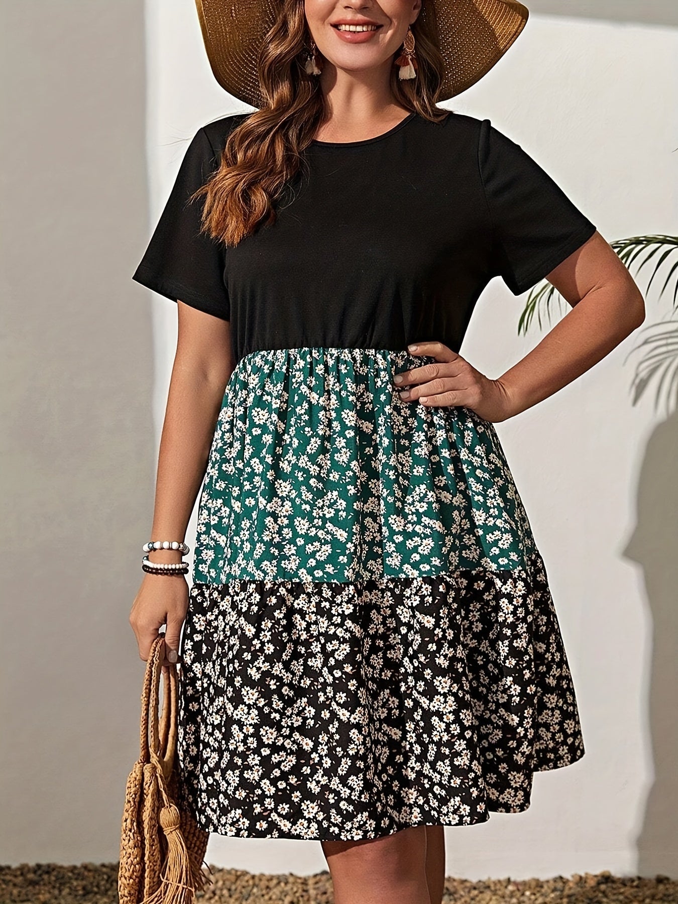  Colorblock Ditsy Floral Print Smock Dress