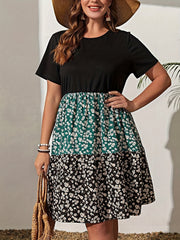  Colorblock Ditsy Floral Print Smock Dress