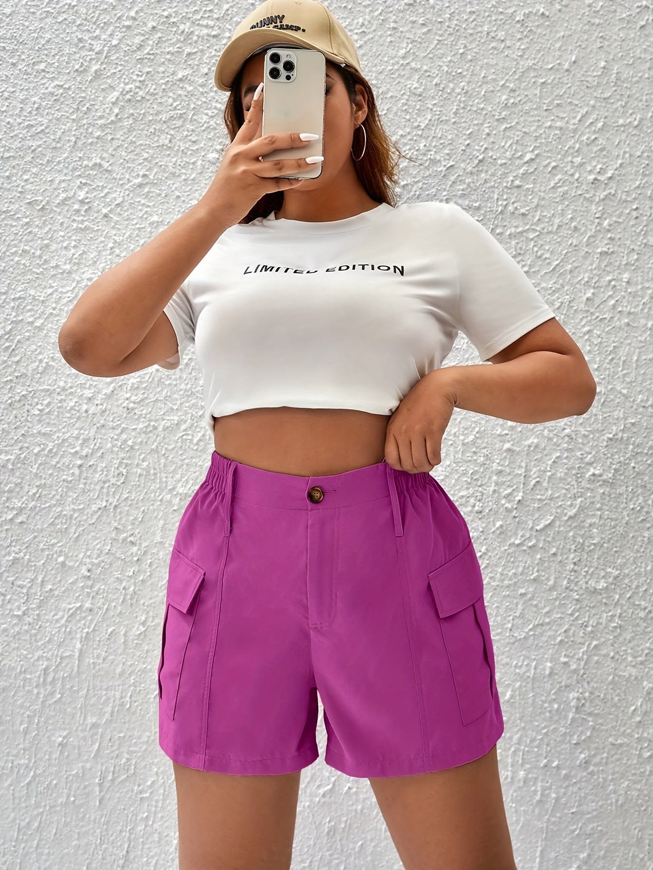 Women's Plus Solid High Rise Cargo Shorts Loose Fit