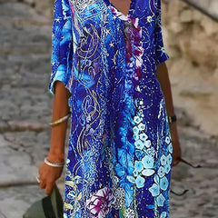  Women's Painting Print Roll Up Sleeve Knee Length Dress