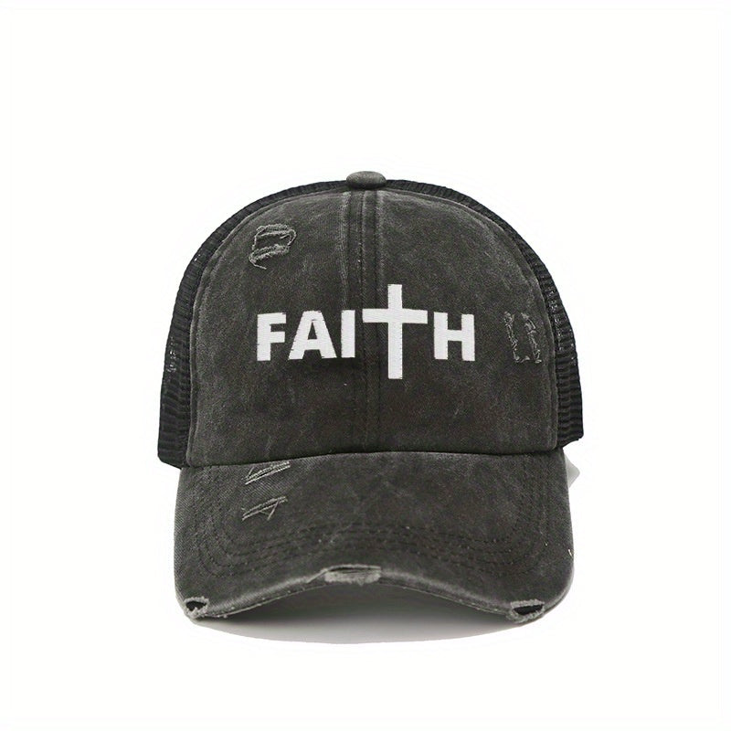 FAITH Ponytail Trucker Hat Washed Distressed Baseball Cap