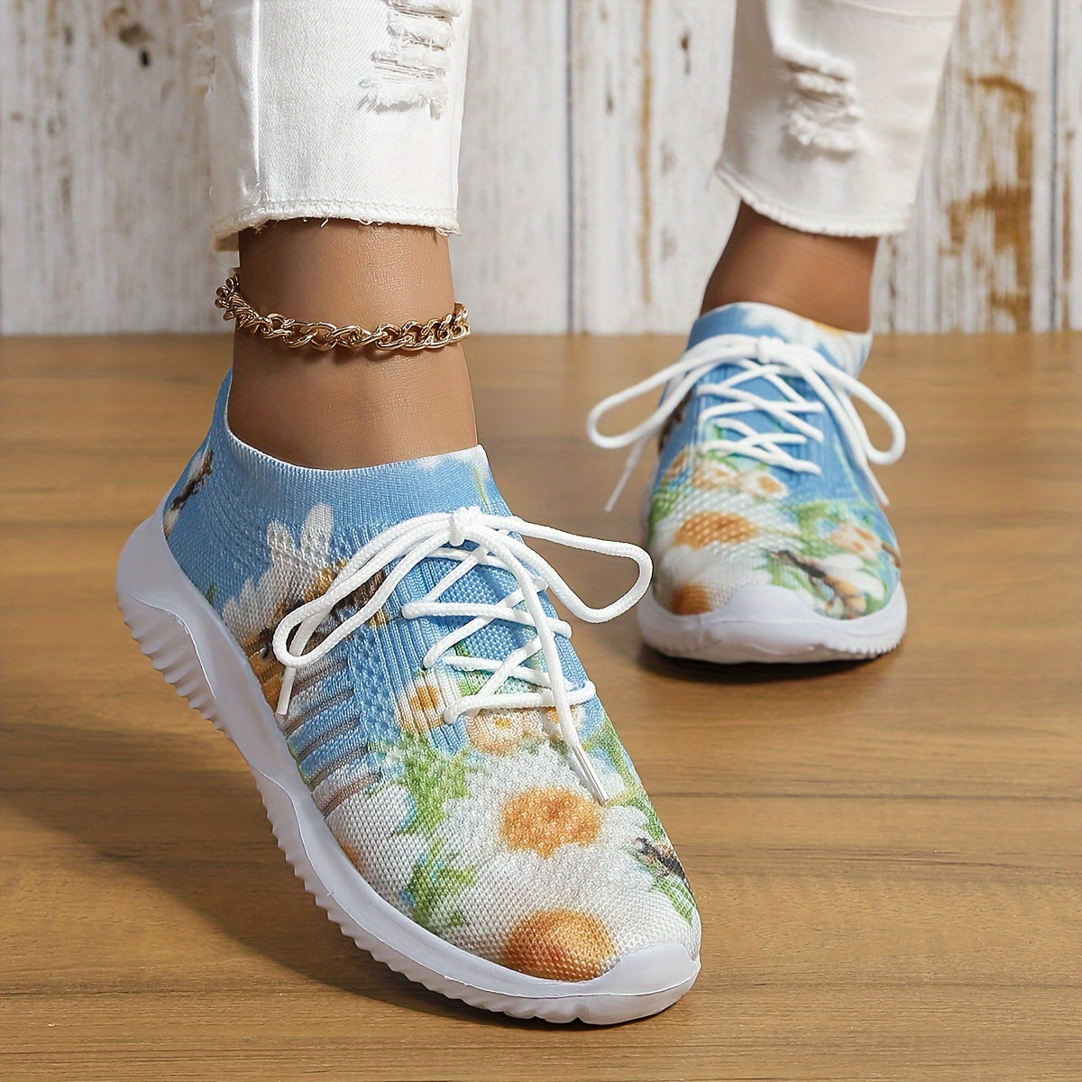 Flower Print Mesh Lightweight Running Shoes Breathable Non Slip Outdoor Sneakers