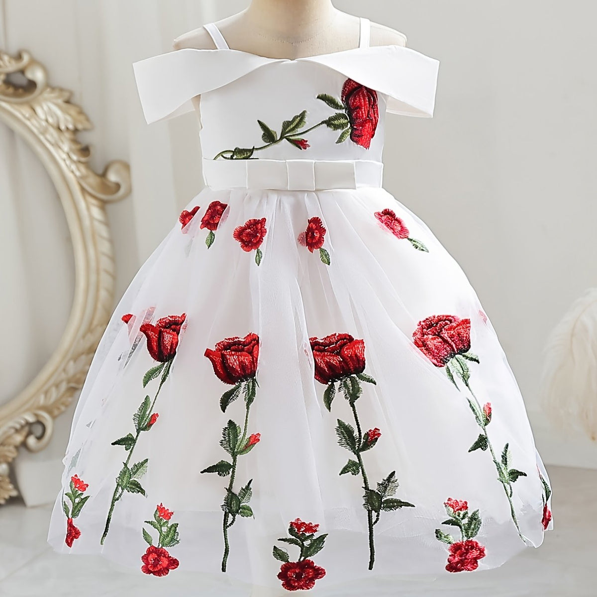 Girls Off Shoulder Princess Dress Flowers Embroidery Bow Mesh Dress