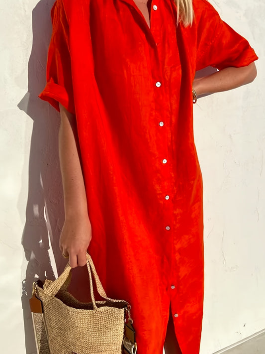  Solid Short Sleeve Button Up Shirt Dress