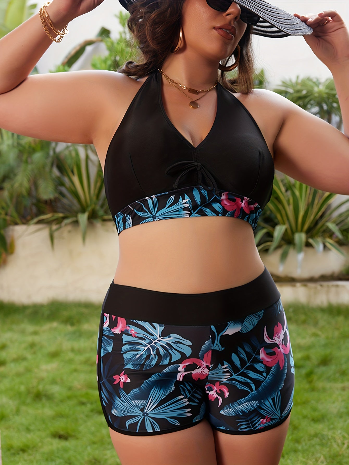  Tropical Print Tankini Set Halter Neck Bra & Shorts Two Piece