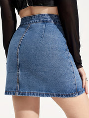 Mid Waist Denim Skirt Single Breasted Patch Pockets